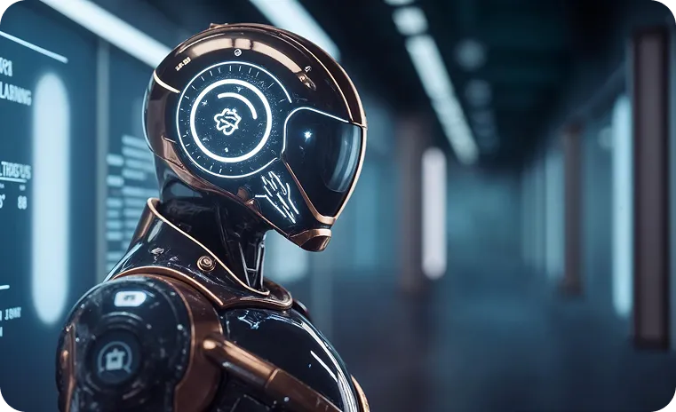 Futuristic AI agent with advanced features in a high-tech environment for business innovation