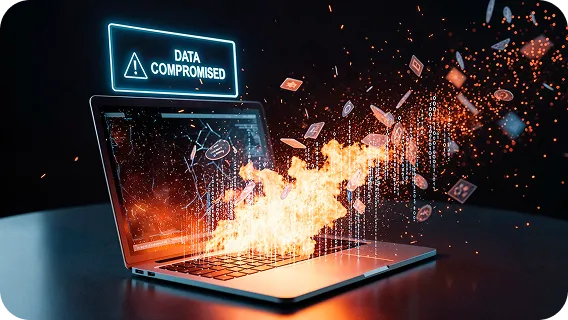 Flaming laptop screen showing data compromised alert ai automation agent security