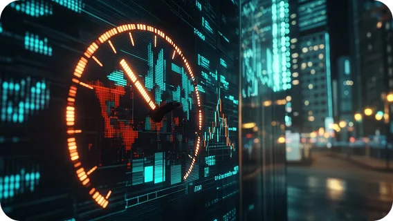 Digital dashboard with glowing clock and data charts showing ai agent software