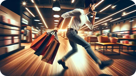 Man running with shopping bags inside modern mall ai agent for business