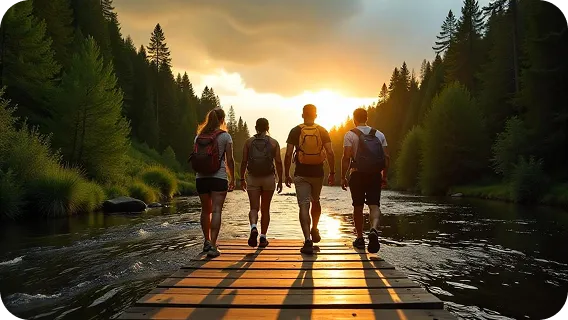 Four friends walking on wooden bridge over river at sunset in forest