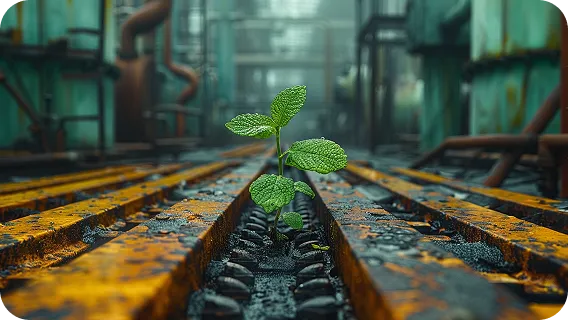 Green plant growing between factory rails symbolizing intelligent