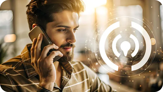 Man talking on phone with ai virtual agent interface on screen