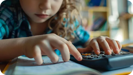 Child using calculator at desk, learning with ai intelligent agent