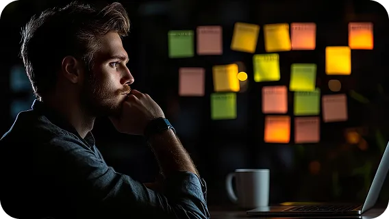 Man working late on laptop with sticky notes while building an ai agent