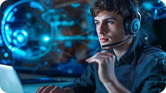 Young man with headset working on laptop with ai virtual agent interface on screen