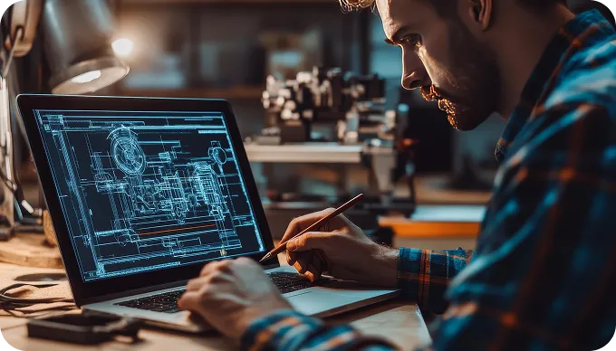 Designer using laptop to plan conversational AI flows for guided chat UX interactions