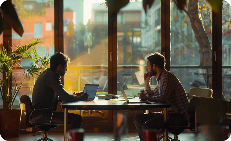 Two colleagues discussing chat UX improvements over laptop in bright office space