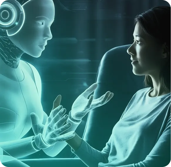 Woman interacting with AI hologram assistant, reviewing chat UX and performance metrics