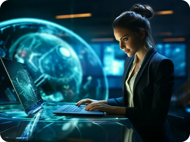 Global IT services professional working on laptop with digital world data interface
