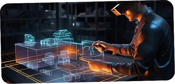 Person designing a custom AI system using holographic interfaces, representing tailored prompt design for specific workflows