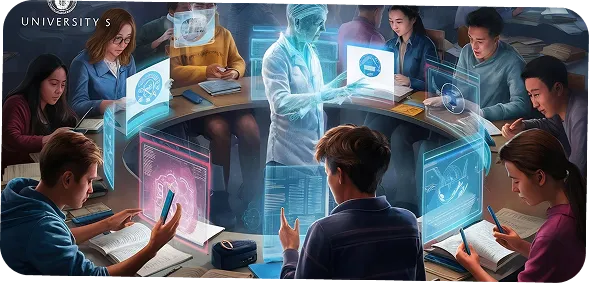 Team interacting with a table hologram for full stack web development services
