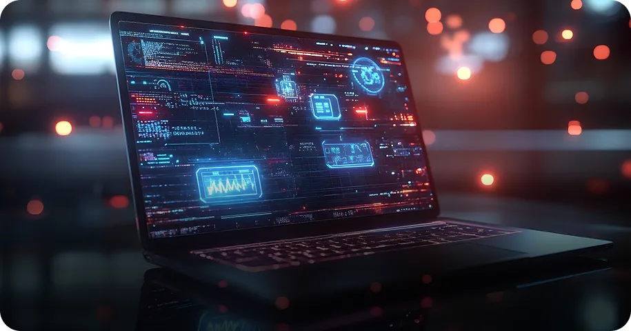 Laptop displaying metrics for ai-enabled web application development services