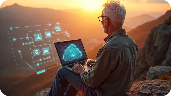 Cloud network nodes glowing from a laptop representing scalable software delivery