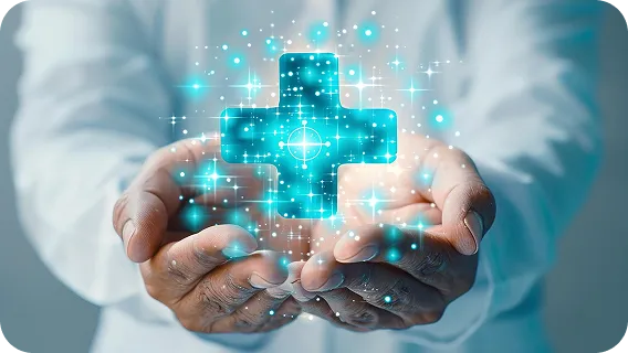 Doctor holding a glowing cross representing secure healthcare saas application development portal