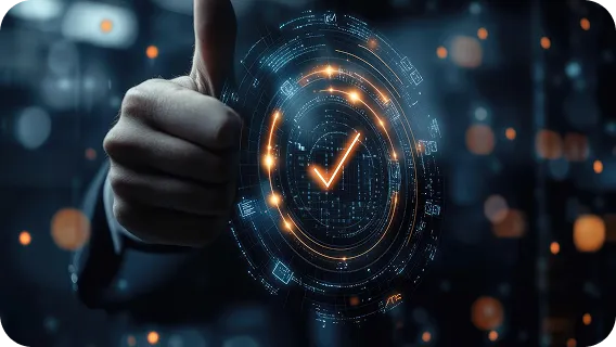 Thumbs up with digital checkmark for custom web application development compliance