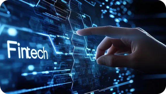 Hand touching digital interface representing custom web application in fintech