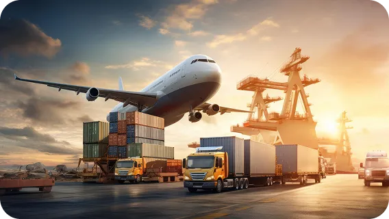 Delivery trucks and cargo hub infrastructure representing automated route dashboards