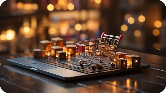 Shopping cart model on an open laptop representing scalable seller platforms