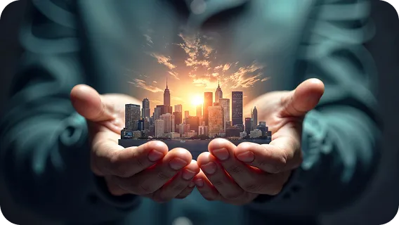 Glow of a cityscape in open hands representing custom property listing systems