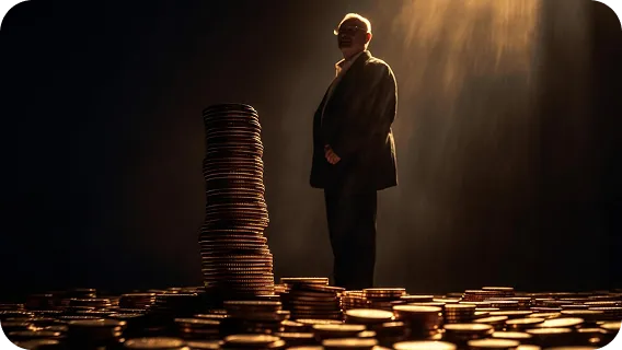Businessman standing next to stacked coins representing secure financial software solution