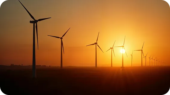 Wind turbines at sunset representing smart energy monitoring software