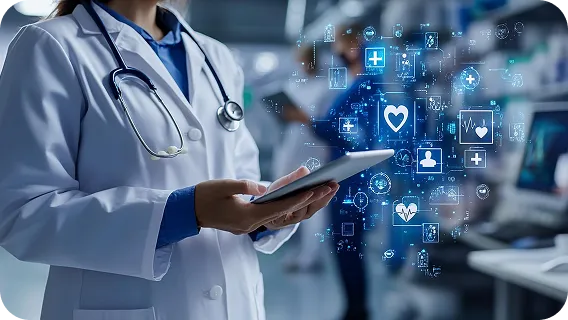 Doctor using a tablet to manage smarter clinical software systems