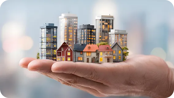 Hand holding miniature buildings representing property mortgage platforms