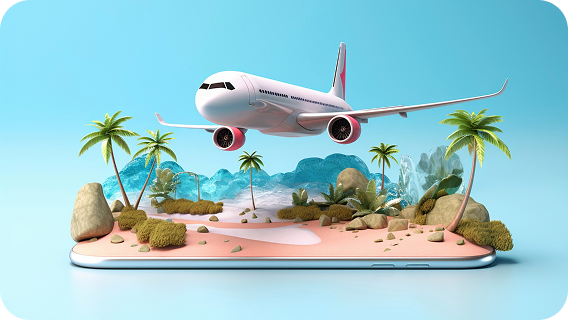 Airplane flying off a mobile screen for booking and travel operations software