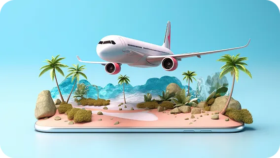 Airplane flying off a mobile screen for booking and travel operations software