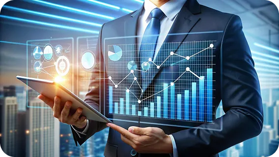 Businessman analyzing data charts for accurate financial operations software