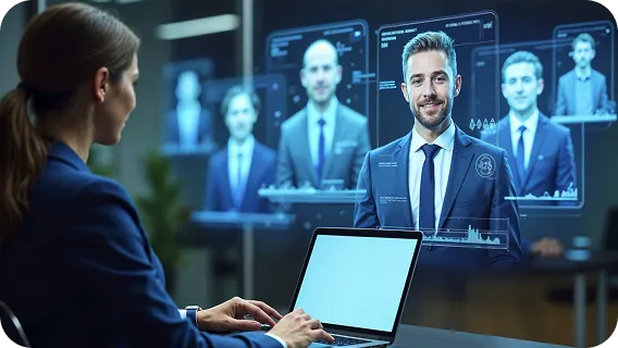 HR manager using a laptop to review modern HR management platforms