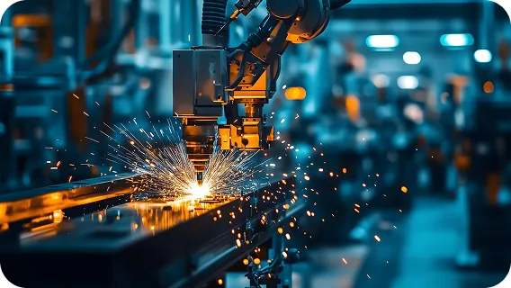 Industrial robotic arm welding representing production operations software