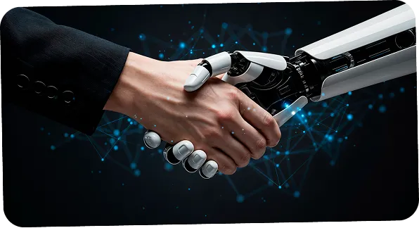 Human and robot shaking hands representing seamless tech stack integration
