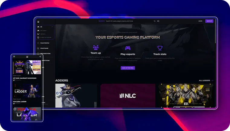Esports tournament platform UI displaying a scalable technology stack
