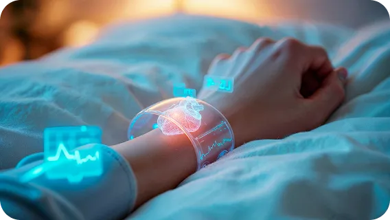 Holographic wrist display representing a secure tech stack for healthcare apps