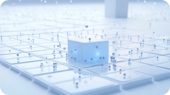 Abstract digital block matrix representing scalable tech stacks for KYC systems