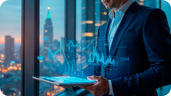 Businessman holding tablet with financial charts for secure fintech platforms