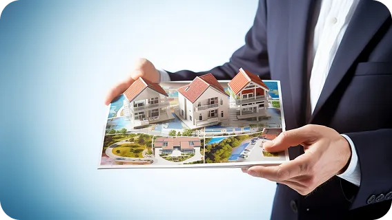 Businessman holding 3D house models for property management platforms
