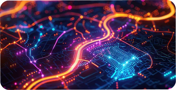 A glowing digital map of neon pathways representing a strategic AI app roadmap