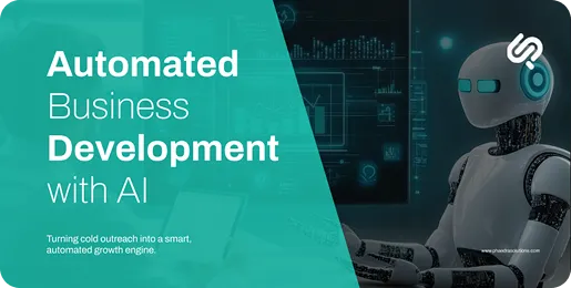 Robot sitting in front of data dashboards for a business development AI app