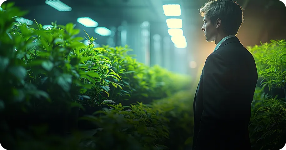 A businessman looking at lush indoor plants highlighting mvp agentic ai growth
