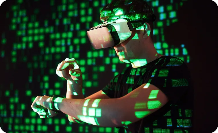 A man using a VR headset with green matrix codes for custom ai mvp development