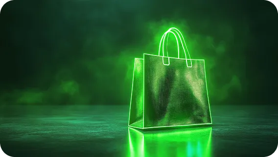 Glowing green neon shopping bag representing high-conversion Ecommerce AI MVPs