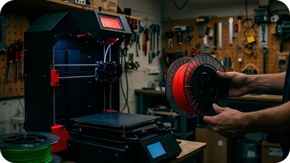 Industrial 3D printer setup representing AI-powered quality control and inspection