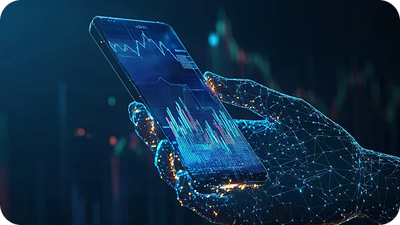 Digital hand holding smartphone with financial data graphs for Fintech AI MVP
