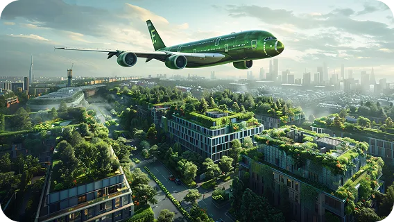 An airplane flying above green urban infrastructure, showing supply chain AI MVPs.