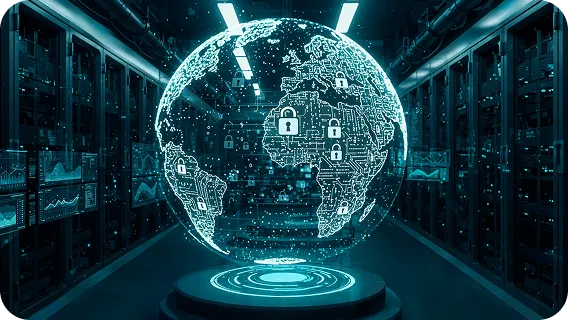 Glowing digital globe with locks in a server room for Cybersecurity AI MVPs
