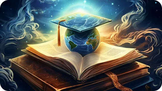 Glowing globe with graduation cap on open book, representing Education AI MVPs
