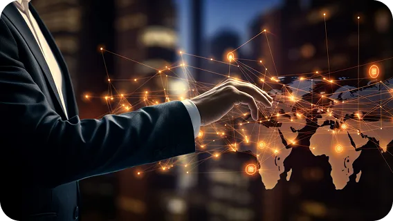 Businessman touching a glowing global network map for marketing AI MVPs